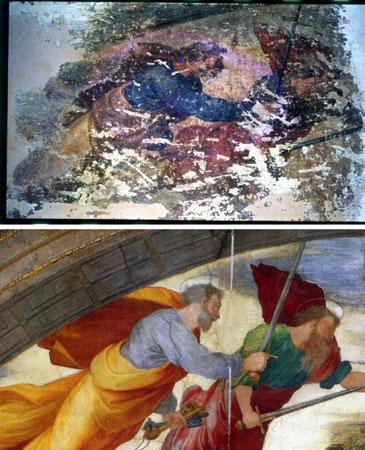 Ina alto particolare del dipinto di Civitavecchia, in basso l'originale di Raffaello