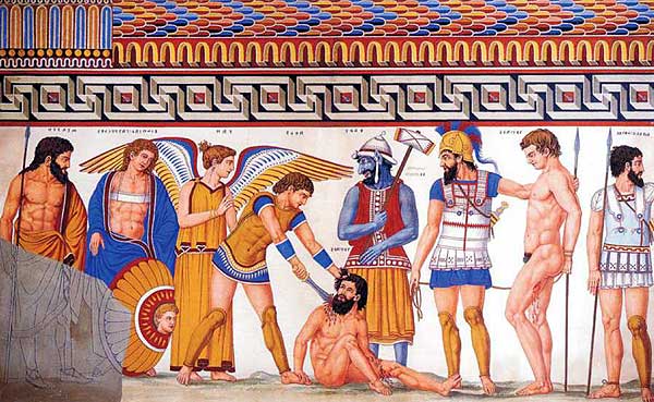 Il sacrificio dei prigionieri troiani. Acquerello di Ruspi che riproduce l'omonimo affresco della tomba Francois