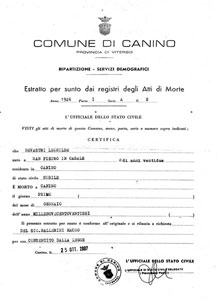 Certificato di morte di Leonilda Nistri (Nevastri) Ufficio di Stato Civile Comune di Canino