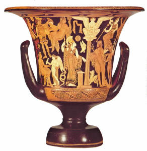 A destra della colonna si vede Poseidon nudo con in mano il tridente, a sinistra Athena con elmo corinzio e lancia, alla sua sinistra Eros tiene in mano un alabastron. In alto altre divinit� tra cui Dioniso, Hera, Heracles. 
 
  
 
