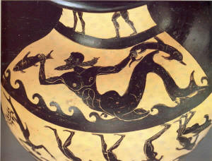 Trasformazione dei pirati tirreni in delfini ad opera di Dioniso. Hydria, Museum of Art Toledo 
 
