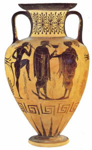 Dioniso, con kantharos, tra un satiro danzante
con zoccoli equini e una menade.
Anfora, Museum of Fine Arts Richmond Virginia. 
 
