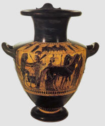 L'hydria è decorata sulla spalla con una scena di simposio e sul corpo con l'apoteosi di Eracle (Eracle sale sulla quadriga in presenza di Atena ed Apollo e di una figura femminile ammantata).