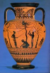 Vaso attico rinvenuto a Vulci che rappresenta la raccolta delle olive (British Museum, Londra)
